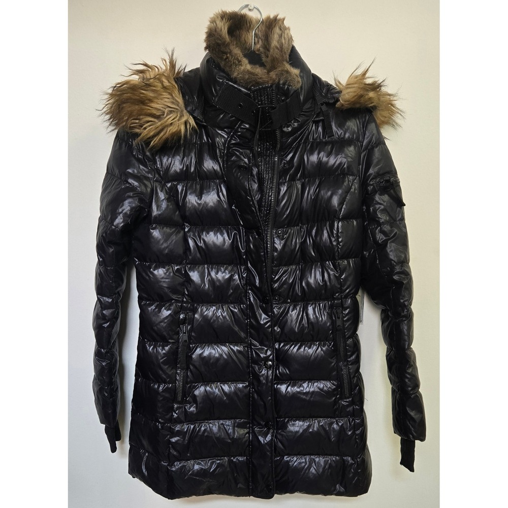 S13 New York Women Black Shiny Down Puffer Jacket Faux Fur Hood Thumbhole Cuffs
